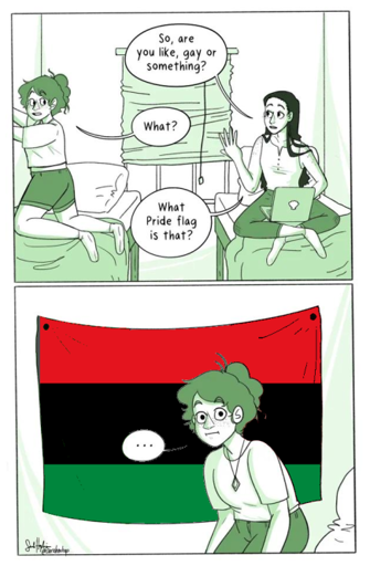 A woman is hanging up a flag when her freind asks "So are you like gay or something. What pride flag is that?" the flag in question is the pan-african flag.