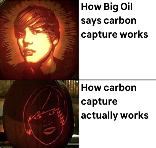 Perfectly carved Justin Bieber pumpkin vs crappy version, framed as "how Big Oil says carbon capture works" vs "how carbon capture actually works"