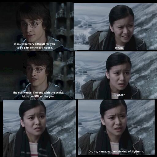 "It must be very difficult for you to be part of the evil House," says Harry. "What?" asks Cho Cheng. "The evil House. The one with the snake. Must be difficult for you," Harry replied. "...What?" asked Cho Cheng again. Cho Cheng thinks for a moment, then realizes and says "Oh, no, Harry, you're thinking of Slytherin."