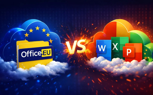 Un'illustrazione digitale mette a confronto due servizi di software per ufficio basati su cloud, con un emblema centrale "VS". A sinistra, una nuvola blu decorata con stelle gialle (che richiamano la bandiera dell'Unione Europea) contiene una cartella gialla che mostra la scritta "OfficeEU" in testo bianco e giallo. A destra, una nuvola multicolore (composta da sezioni rosse, arancioni, verdi e gialle) sostiene tre blocchi colorati: uno blu con la lettera "W", uno verde con la lettera "X" e uno rosso con la lettera "P". La parola "VS" è posizionata centralmente in modo prominente, circondata da effetti luminosi e scintillanti. Entrambe le formazioni nuvolose poggiano su nuvole bianche contro uno sfondo blu scuro con dettagli sottili che ricordano le stelle.

