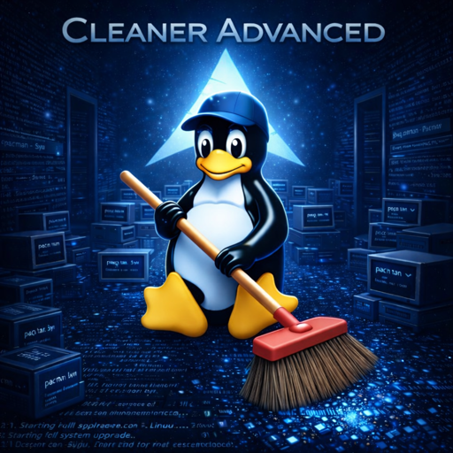 Un pinguino (Tux) che spazza codice con una scopa in una stanza piena di pacchetti