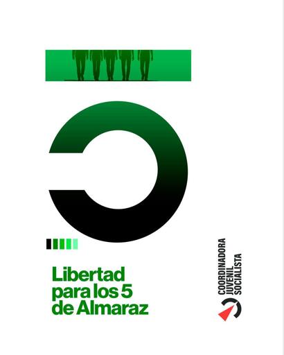 Cartel libertad para los 5 de Almaraz. Se ve ese texto con 2 símbolos simulando un 5 en un degradado de verde a negro