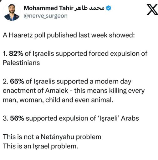A Haaretz poll published last week showed: 

1. 82% of Israelis supported forced expulsion of Palestinians 

2.65% of Israelis supported a modern day enactment of Amalek - this means killing every man, woman, child and even animal. 

3.56% supported expulsion of ‘Israeli’ Arabs 

This is not a Netanyahu problem This is an Israel problem.