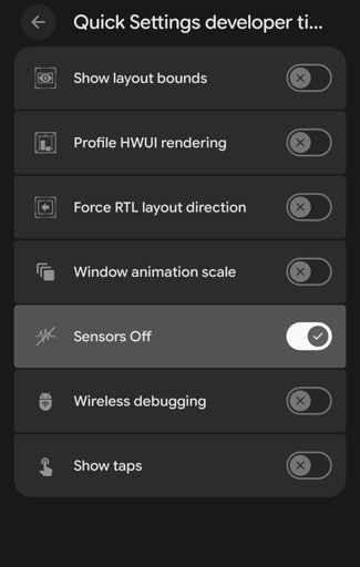 Android developer menu to add the sensors-off tile