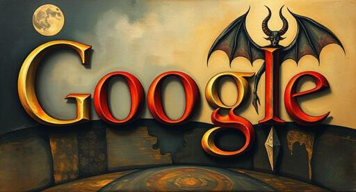 La scritta google con dietro uno spiritello demoniaco