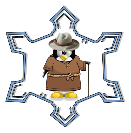 Il pinguino di Linux con il saio e il cappello Borsalino sullo sfondo della raffigurazione della cittadella di Alessandria