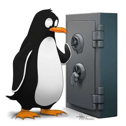 Il pinguino di Linux perplesso davanti a una cassaforte chiusa
