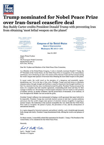 Una carta enviada por un congresista gringo al comité del Premio Nobel para nominar a Donald Trump al premio de la Paz por su papel en el conflicto de Israel e Irán. 