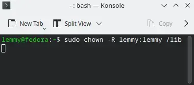 a linux terminal showing the user lemmy running the command `sudo chown -R lemmy:lemmy /lib`