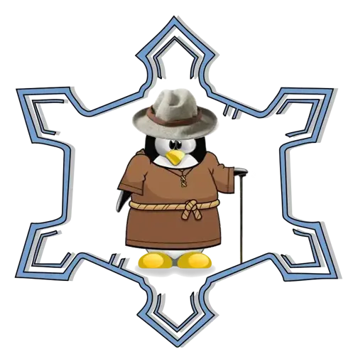 Rappresentazione grafica del pinguino Tux di Linux vestito con il saio, bastone e cappello Borsalino. Sullo sfondo la Cittadella di Alessandria