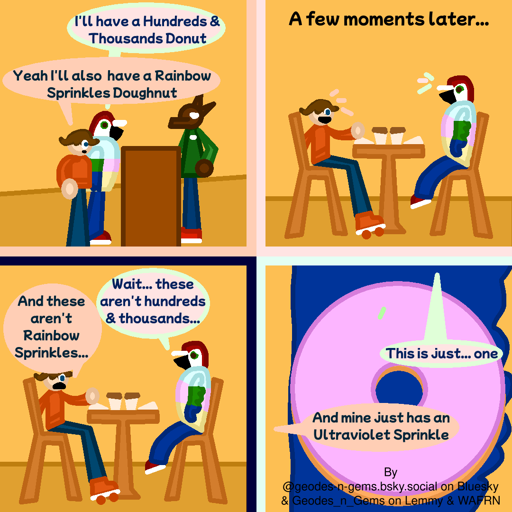 Carl & Spectrum are at a Cake Shop, Spectrum saying to the srever at the counter "I'll have a Hundreds & Thousands Donut" Carl says "Yeah I'll also have a Rainbow Sprinkles"  A few moments later Carl & Spectrum are talking at a table in the shop with what they ordered  Spectrum looks at his food upset, saying "Wait... these aren't Hundreds & Thousands..." & Carl is also upset about his food, saying "And these aren't Rainbow Sprinkles"  Spectrum, holding up his Donut says "This is just... one", Carl replies "And mine just has an Ultraviolet Sprinke"  Comic & Alt Text by @geodes-n-gems.bsky.social on Bluesky & Geodes_n_Gems on Lemmy & Wafrn