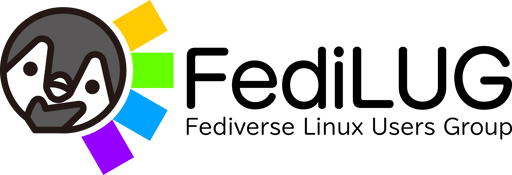 L'immagine mostra il logo per il Fediverse Linux Users Group. A sinistra, un'icona circolare contiene due volti stilizzati – uno scuro, uno bianco – all'interno del cerchio. Sotto l'icona si trovano quattro quadrati colorati: giallo, verde, blu e viola. A destra del logo, il testo “FediLUG” appare in caratteri grandi e in grassetto nero, con “Fediverse Linux Users Group” in caratteri più piccoli in nero sotto.

