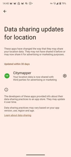 Screenshot of Android warning about Citymapper's new abuse of user location data. It reads "Citymapper. Your location data is now shared with third parties for advertising or marketing".