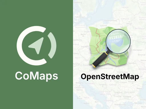 L'immagine è divisa in due sezioni. La sezione sinistra presenta un logo verde con un simbolo di un compasso all'interno di un cerchio, accompagnato dal testo "CoMaps" in bianco. La sezione destra mostra una mappa con un ingrandimento centrale che evidenzia il testo "011010" in bianco, simbolizzando la ricerca geografica. Sopra la mappa, il testo "OpenStreetMap" è scritto in nero. La mappa include dettagli geografici di diverse città europee, come Gdansk, Berlino e Venezia, con un'attenzione particolare alla regione centrale dell'Europa.

