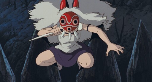 San, from princess mononoke (ghibli movie) jumping up the defensive walls of the iron works.