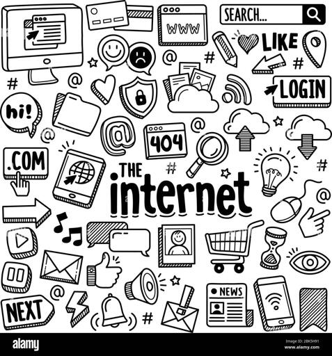L'immagine è un collage di disegni a mano libera che rappresentano vari elementi associati all'Internet. Al centro, in caratteri grandi e ben visibili, si trova la scritta "THE INTERNET". Intorno a questa scritta, ci sono numerosi simboli e icone che rappresentano diverse funzionalità e aspetti dell'Internet. Tra questi simboli, si possono notare:

Un computer con una finestra di ricerca e un pulsante "SEARCH..." con un'icona di lente di ingrandimento.
Un pulsante "LOGIN" con un'icona di un segnaposto.
Un simbolo "[@]" che rappresenta l'indirizzo email.
Un simbolo di "404" che indica un errore di pagina non trovata.
Un simbolo di "LIKE" con un cuore.
Un simbolo di "COM" che rappresenta un dominio di primo livello.
Un simbolo di "NEXT" con un'arrows che indica la navigazione.
Un simbolo di "NEWS" con un giornale.
Un simbolo di "SHOPPING CART" con un carrello.
Un simbolo di "EMAIL" con un'immagine di un'etichetta di posta.
Un simbolo di "MUSIC" con note musicali.
Un simbolo di "VIDEO" con un pulsante di riproduzione.
Un simbolo di "CHAT" con un'icona di conversazione.
Un simbolo di "CLOUD" che rappresenta la cloud computing.
Un simbolo di "LOCK" che rappresenta la sicurezza.
Un simbolo di "LOCATION" con un'icona di un pin.
Un simbolo di "THUMBS UP" che rappresenta l'approvazione.
Questi simboli sono disposti in modo casuale, creando un collage che rappresenta la ricchezza e la varietà delle attività che si possono svolgere online.
