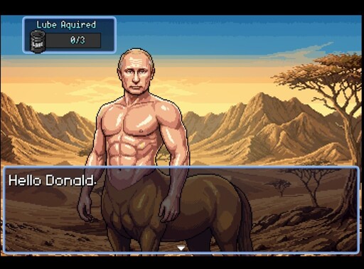 a screenshot from Operation Epic Furious: Straight to Hell of Putin as a Centaur with a dialogue box saying "Hello Donald"