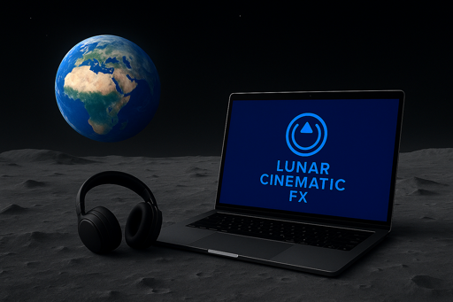 Un notebook sulla superficie lunare con logo Lunar Cinematic FX nel desktop. Delle cuffie audio accanto ad esso, sullo sfondo la Terra.